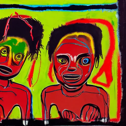 Image similar to a photograph of two girls holding hands while watching the world burn, done in the style of basquiat, akseli gallen kallela, highly detailed, 4 k