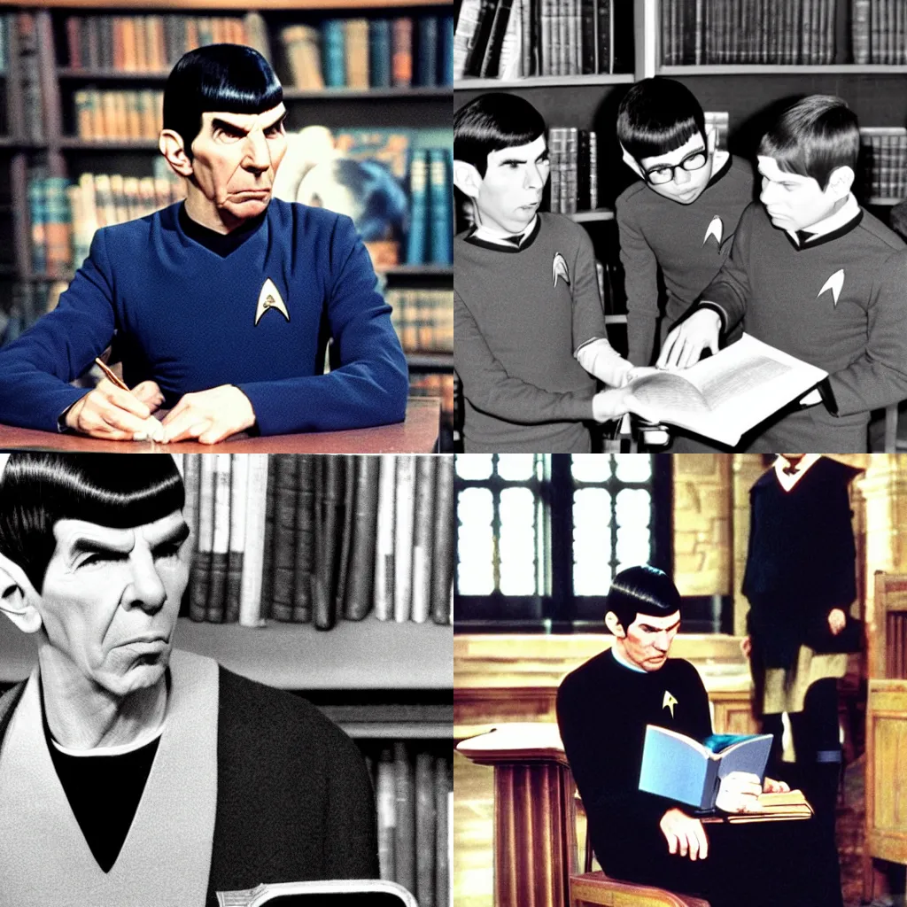 Prompt: Spock teaching at hogwarts, still photograhy