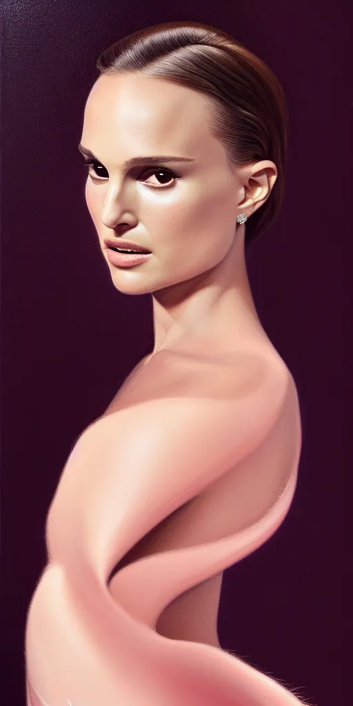 Image similar to Natalie Portman, wearing an evening gown, vera wang couture, very detailed portrait, ultrarealistic, dramatic lighting, electrical details, high details, 4k, 8k, best, accurate, trending on artstation, fur, artstation, photorealism, ultrarealistic, digital painting, style of Dali, Caravaggio, Boris Vallejo