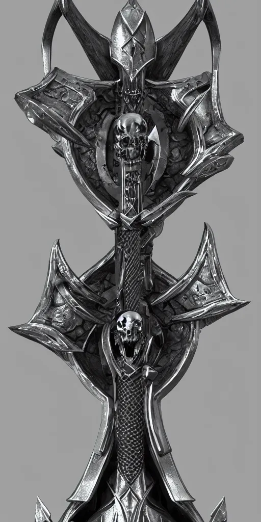 Image similar to a black and silver sword skull crest, ornament, weapon, a 3 d render by dom qwek, front side, concept art, trending on polycount, artstation, hard surface modeling, rendered in maya, zbrush, hd, vray, blizzard, symmetry