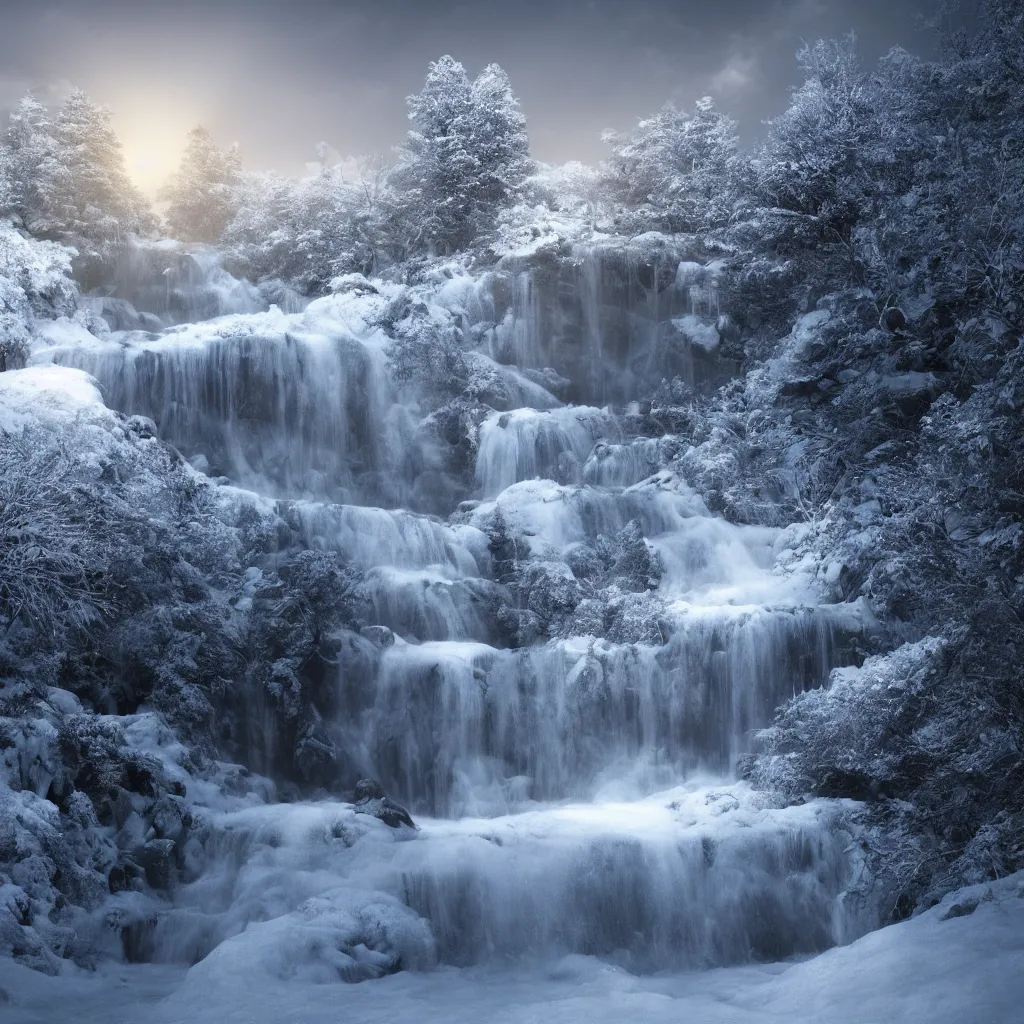 Prompt: infinite waterfall snowy landscape sun halo, octane render, dramatic, depth of field