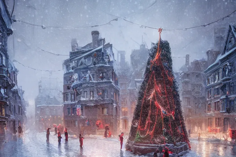 Image similar to a guillotine with christmas lights in the center of town, s matte painting, long shot, concept art, wide shot, digital art, trending on artstation, 4 k, extremely detailed, realistic, snowing, by greg rutkowski, cinematic, epic