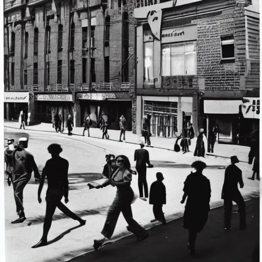 Image similar to a 1950s black and white photograph of a city street, people walking, aliens and monsters destroying buildings