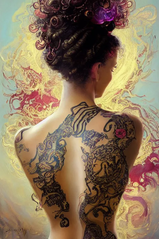 Image similar to an epic painting of a 1 9 years old girl figure, curly messy high bun hairstyle, oriental tattoos, subject wearing a gold and ruby high fashion gown, flowing, ornate, beautiful, dramatic earth colors, with few vivid purple highlights, symmetrically isometrically centered, by jeremy mann and greg rutkowski, artstation, oil on canvas