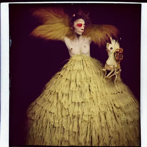 Image similar to kodak portra 4 0 0, wetplate, photo of a surreal artsy dream scene,, girl, weird fashion, grotesque, extravagant dress, carneval, animal, wtf, photographed by paolo roversi style