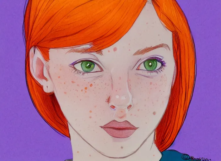 Image similar to portrait Girl with orange hair and freckles, purple background, cute-fine-face, pretty face, simple line, fine details. realistic shaded lighting by disney style,