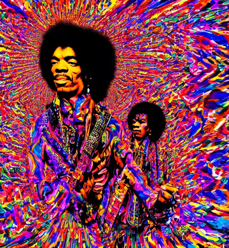 Prompt: opart temple ultrawide angle photography, jimi hendrix full body shot, 8 k