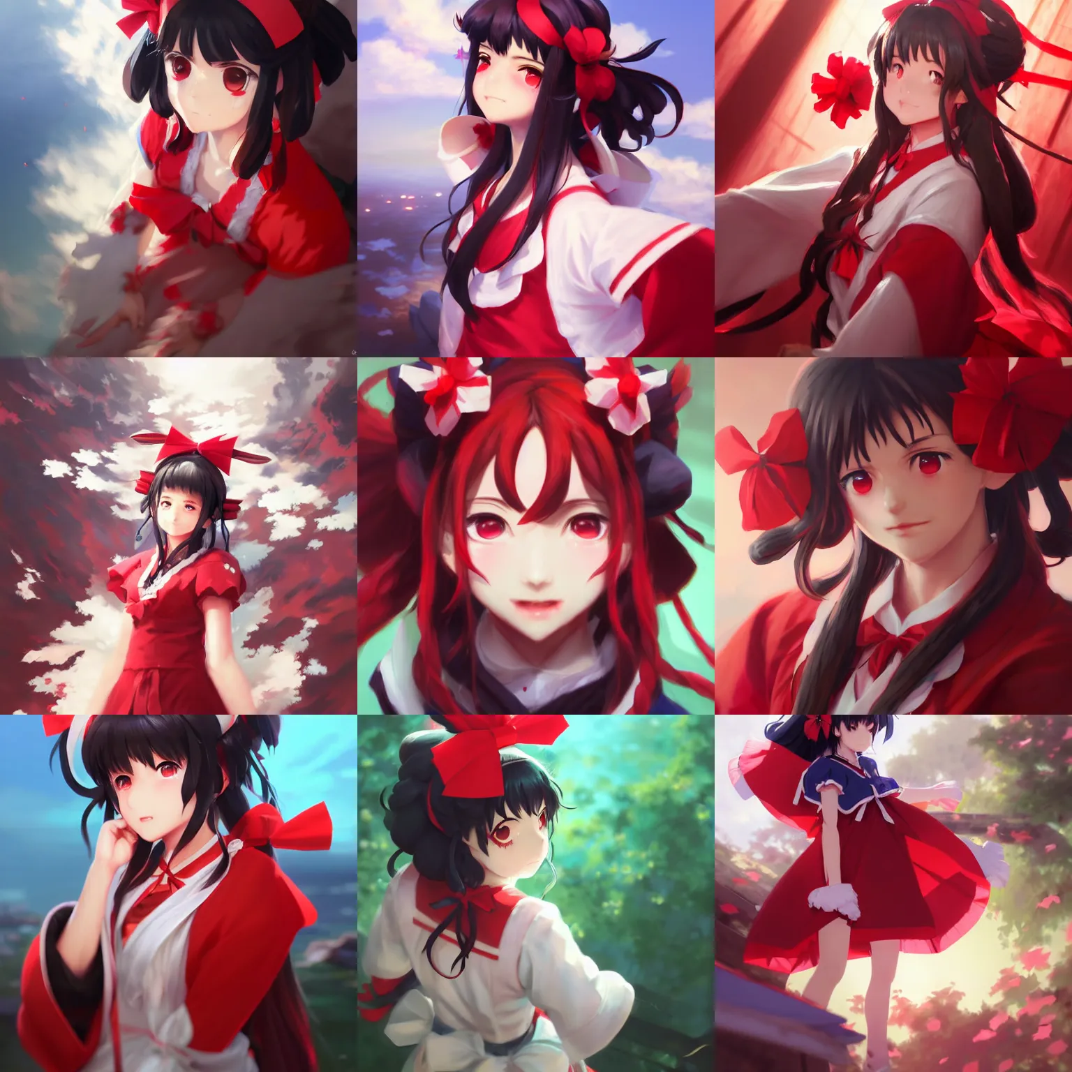 Image similar to artwork portrait of reimu hakurei from touhou project, reimu hakurei touhou artwork by greg rutkowski makoto shinkai sakimichan key art 4 k 8 k ultrahd trending award winning