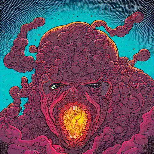 Prompt: portrait of head melting into another one, lava, laugh and surprise, spiders with tongues, by josan gonzales and Dan Mumford