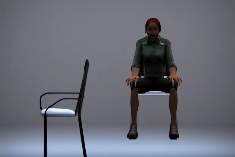 Prompt: a photo of a sim character annoyed at a chair, photorealistic, dramatic, game footage, 8 k