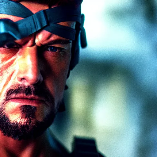 Image similar to film still of Solid Snake, sigma 85mm f/1.4, 4k, depth of field, high resolution, 4k, 8k, hd, full color