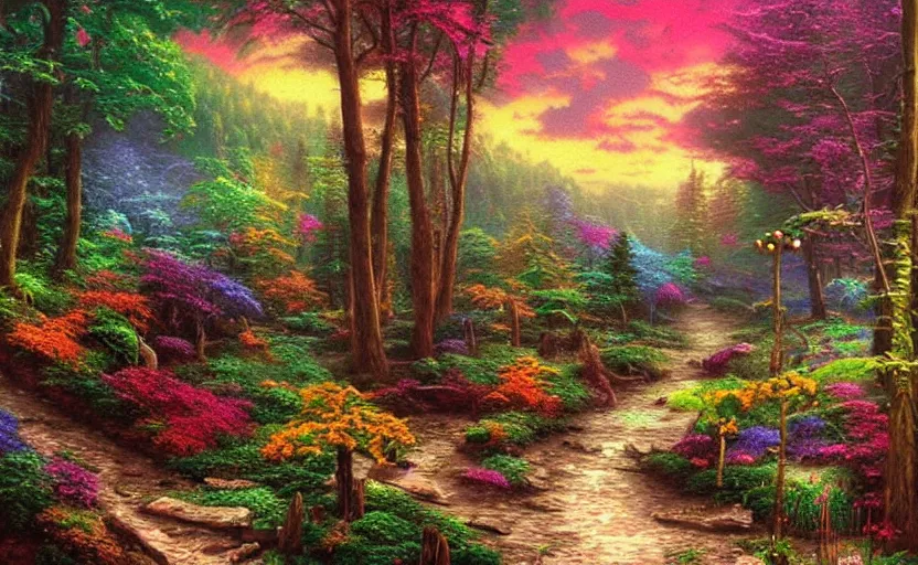 Prompt: psychedelic candy!!!!!!! forest by thomas kinkade, matte painting!!!, intricate details!!!!, fine brush!!!!!!