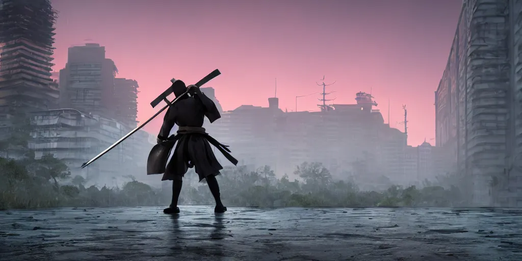 Prompt: samurai silhouette with katana in right hand staying in the abandoned concrete temple, abandoned buildings, empty streetscapes, surrounded by lush green vegetation, ground-level view, puddles of water, stunning volumetric lighting, sunset, trending on Artstation, 8k, photorealistic, hyper detailed, unreal engine 5, cinematic, epic lighting, cryengine, octane render, cyberpunk, red and orange glow, dark, gloomy