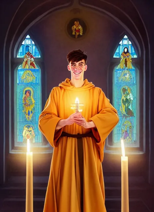 Image similar to kai havertz as a priest wearing robes. holding golden candlestick, in a monestry natural lighting, path traced, highly detailed, high quality, digital painting, by don bluth and ross tran and studio ghibli and alphonse mucha, artgerm