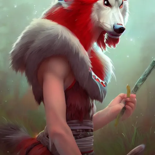 Prompt: Princess Mononoke with red face paint and Moro the wolf, portrait by loish and WLOP, octane render, dark fantasy, trending on ArtStation