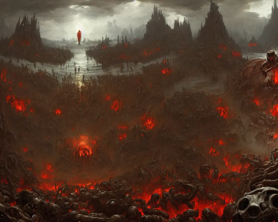 Image similar to doom eternal concept art by jakub rozalski, garden of eternal delights hell by hieronymus bosh, triumph of death by pieter brueghel, doom eternal by hieronymus bosh, sharp focus panorama