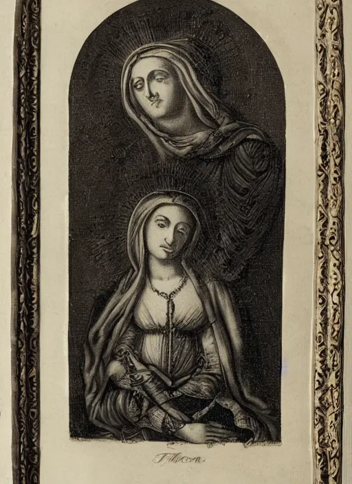 Prompt: an engraving of Madonna