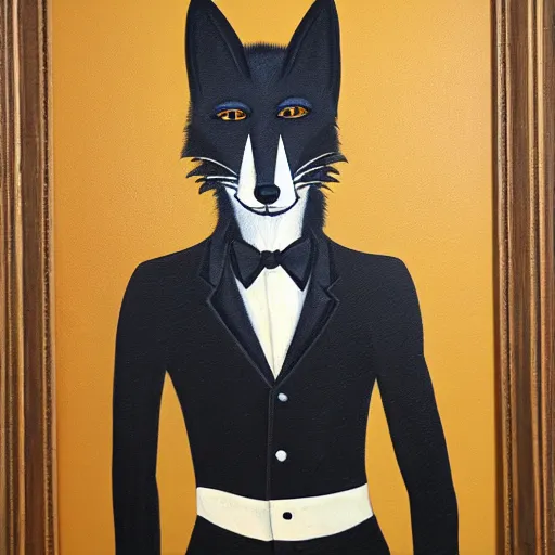 Image similar to portrait of a male anthro anthropomorphic black fox furry fursona with hands on eyes, wearing a suit, 1 9 7 0 s oil on canvas painting, by famous artist jylon denja