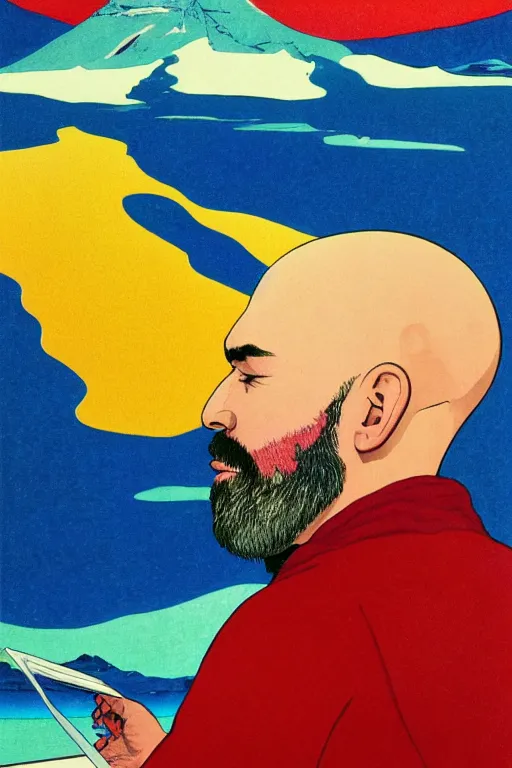 Prompt: a colorful closeup portrait of a bald bearded man sucking a blotter paper of lsd acid and dreaming psychedelic hallucinations in the vast icy landscape of antarctica, by kawase hasui, moebius and edward hopper, colorful flat surreal design, hd, 8 k, artstation