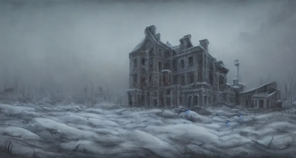 Prompt: landscape painting of a creepy decrepit mansion in the middle of a desolate tundra, post apocalyptic, at dusk, hazy atmosphere, everything is cold and frozen, dramatic lighting