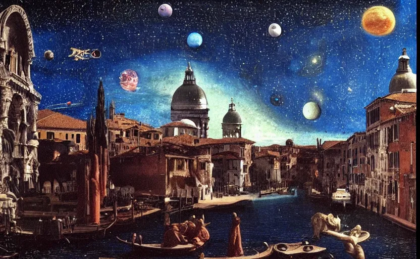 Prompt: scene from cosmologica a scifi movie by luchino visconti with mastroianni leaving the medieval cosmos to enter new universe. venice in the background. blue sky with a lot of stars and planets. cinematic, technicolor, photorealistic, direct lighting, highly intricate, extremely realistic in the style of ( ( ( renaissance cosmological painting ) ) ).