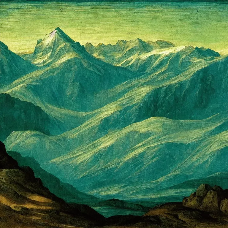 Image similar to caucasus mountains at night, renaissance painting, teal palette