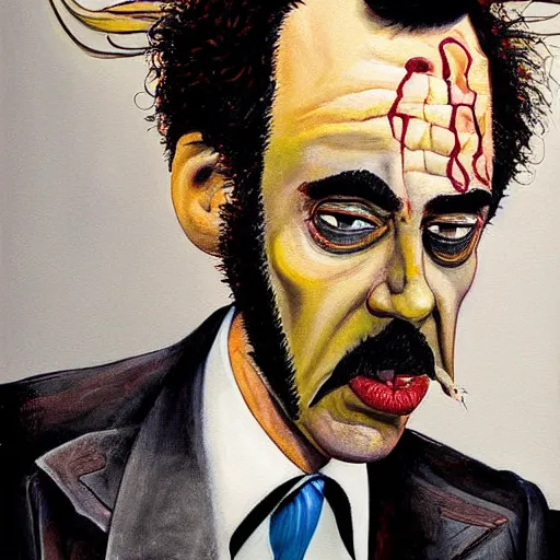 Image similar to a detailed painting jim carrey as borat by gerald scarfe and ralph steadman