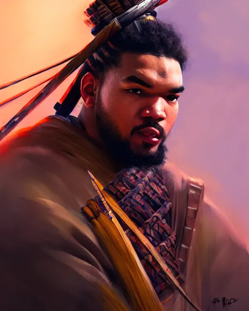 Image similar to portrait of karl - anthony towns as a ronin samurai, wearing a haori, by wlop and peter mohrbacher, dramatic action pose, extremely detailed shading, concept art, digital painting, trending on artstation, atmosphere, glow, cinematic lighting, full of color