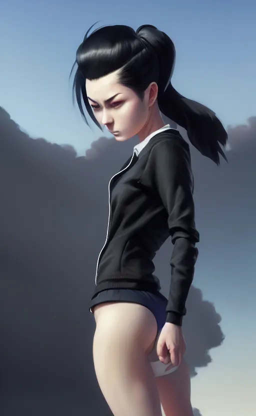 Image similar to black ponytail hair, pale woman in a black unzipped jacket, black shorts, by artgerm, beautiful render, matte painting, realistic, dynamic angle, wlop, loish, octane render, sharp focus, by greg rutkowski makoto shinkai