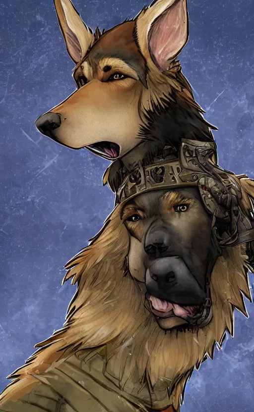 Image similar to close up character portrait icon of the german shepard beast - man military uniform head animal person wearing clothes standing in the bright forest, hidari, color page, tankoban, 4 k, tone mapping, akihiko yoshida