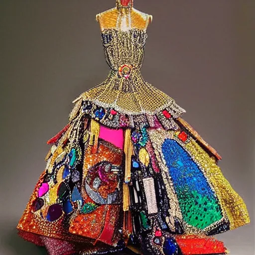 Prompt: “high fashion dress made of multicolor jewels and metal as designed by William Bradford for VOGUE”