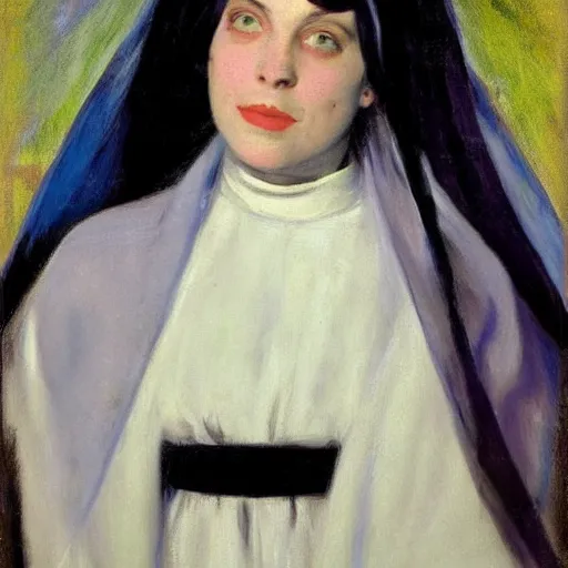 Image similar to Billie Eilish as a nun, painted by Robert Henri, detailed brushstrokes