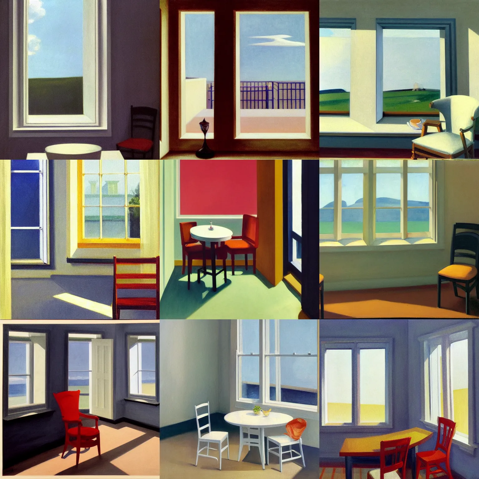 Prompt: interior white wall of house on the cloud, open window in background, two plastic chair behind a table, soft light from the window, nothing but cloudy sky outside the window, muted painting by edward hopper