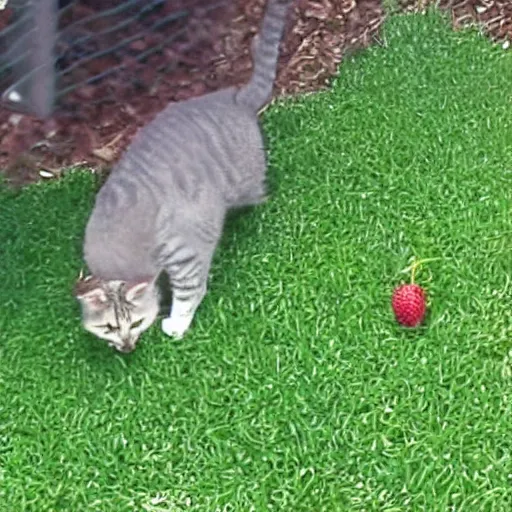 Image similar to cctv footage of a cat eating berries in backyard last night. caught on camera