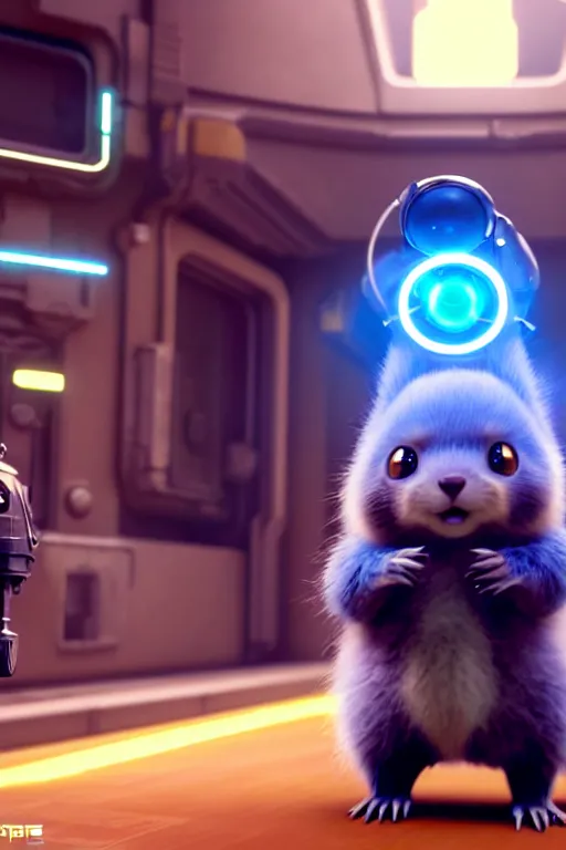 Image similar to high quality video game sci - fi very cute fluffy! wombat!! cyborg with futuristic mechanical parts, cyberpunk monocle!, highly detailed, unreal engine cinematic smooth, in the style of detective pikachu, hannah yata charlie immer, dark blue neon light, low angle, uhd 8 k, sharp focus