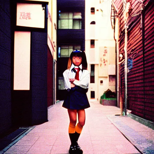 Prompt: 1990s perfect 8K HD professional cinematic photo of a japanese schoolgirl, in sci-fi alleyway at evening, at instagram, Behance, Adobe Lightroom, with instagram filters, depth of field, taken with polaroid kodak portra