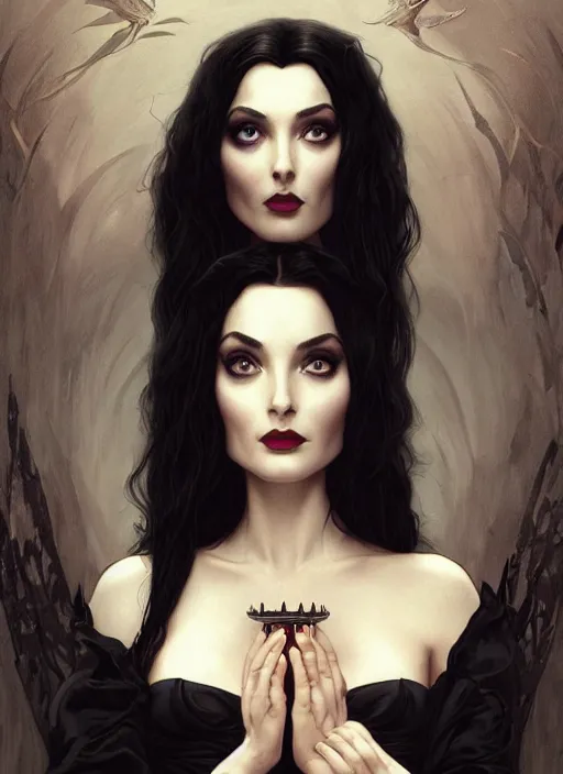 Prompt: ana de armas as morticia addams, masterpiece, intricate, elegant, highly detailed, digital painting, artstation, concept art, smooth, sharp focus, illustration, art by artgerm and greg rutkowski and alphonse mucha and uang guangjian and gil elvgren and sachin teng, symmetry!!