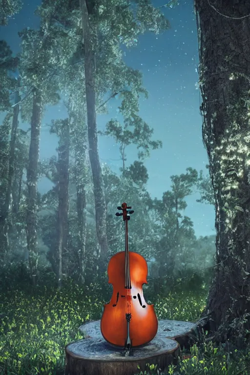 Prompt: a cello inside a glass jar standing on a tree stump, bokeh, intricate detail, soft blue moonlight, highly detailed, hyperrealistic, octane render, volumetric lighting, ray tracing, cgsociety, sense of awe, mystical, moonlight, 8 k