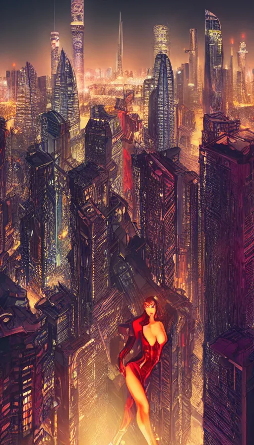 Prompt: night portrait of cyberpunk show girl on a roof, looking up at cityscape of vertical cyberpunk city with high towers, shanghai, Alena Aenami and artgerm