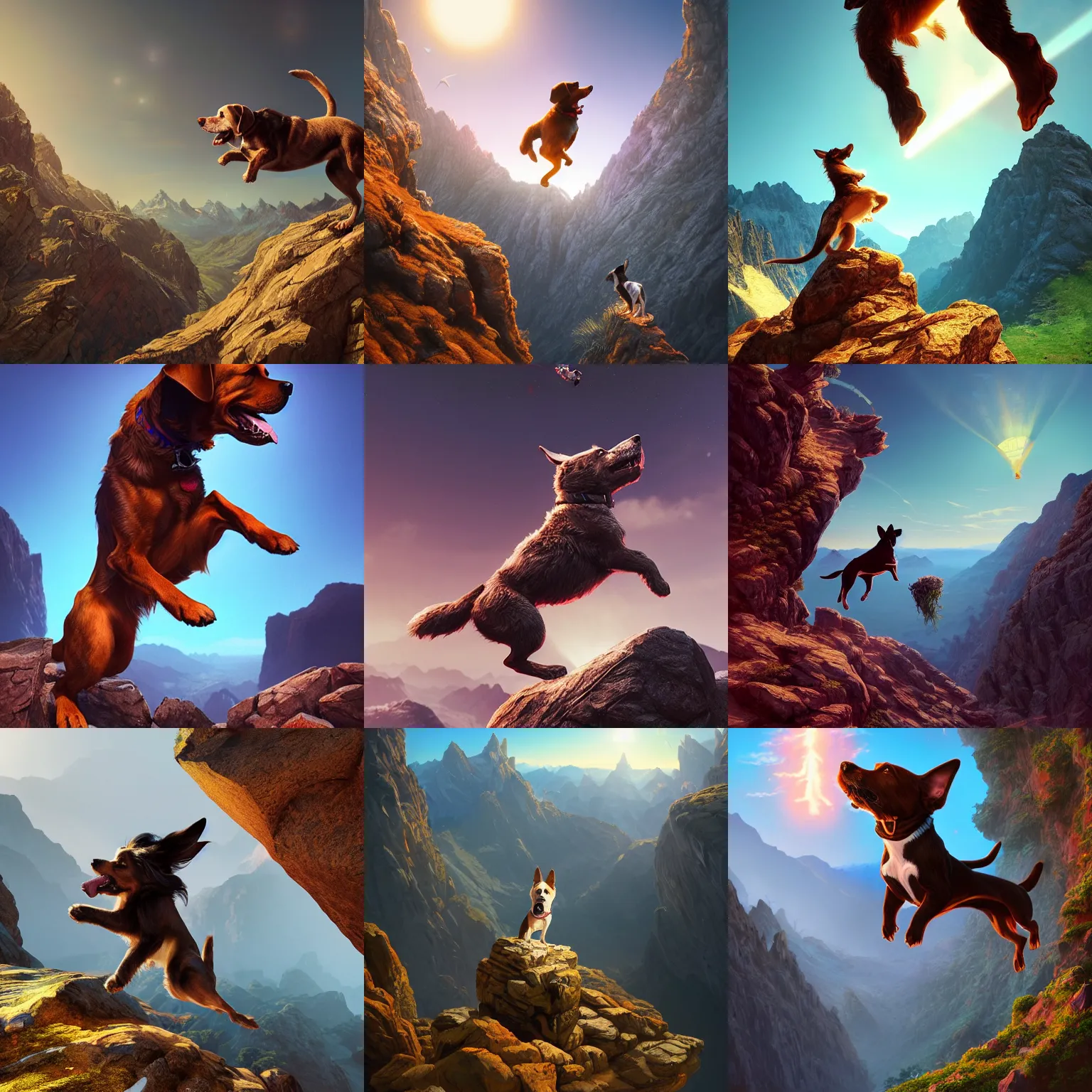 Prompt: a dog jumping from mountain, intricate, epic lighting, cinematic composition, hyper realistic, 8 k resolution, unreal engine 5, by artgerm, tooth wu, dan mumford, beeple, wlop, rossdraws, james jean, marc simonetti, artstation