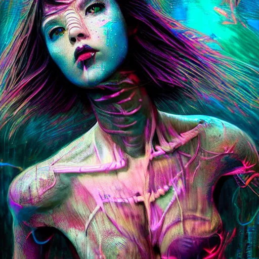 Image similar to rave girl dancing art by wagner kuroiwa tristan eaton, stanley artgermm, tom bagshaw, greg rutkowski, carne griffiths, ayami kojima, beksinski, giger, trending on deviantart, photorealistic, vray, hdr, hyper detailed, dramatic lighting, octane render, weta digital, 3 d sculpture