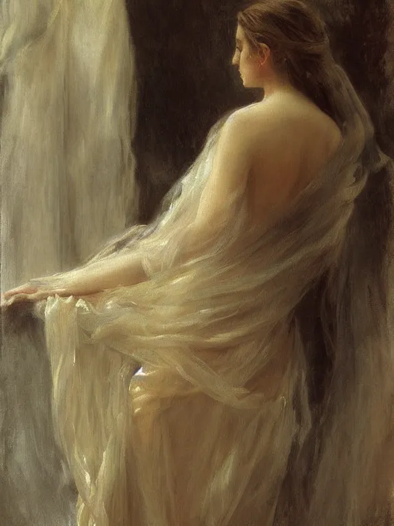 Prompt: loose painting of a sad fragile beautiful veiled girl covered in translucent flowing dress, endless flowing ethereal drapery, classical greece, alla prima, oil painting, by giovanni strazza, sargent and raffaelo monti