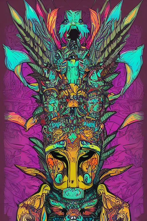 Image similar to animal mask totem roots flower tribal feather gemstone plant wood rock shaman vodoo video game vector cutout illustration vivid multicolor borderlands comics by josan gonzales and dan mumford radiating a glowing aura