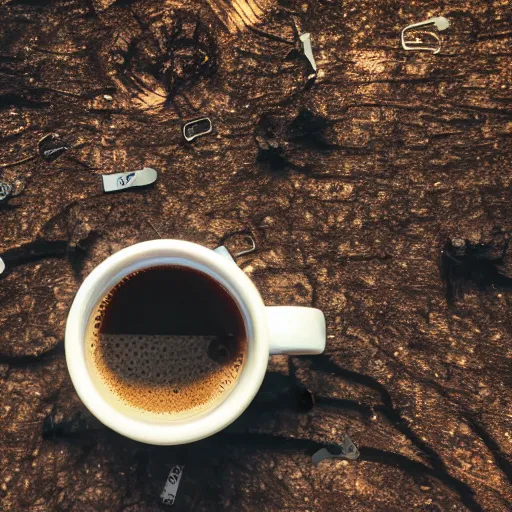 Image similar to paperclip with googly eyes, drinking coffee, in the woods, photography, depth of field, very symmetric, rule of thirds, 4 k resolution