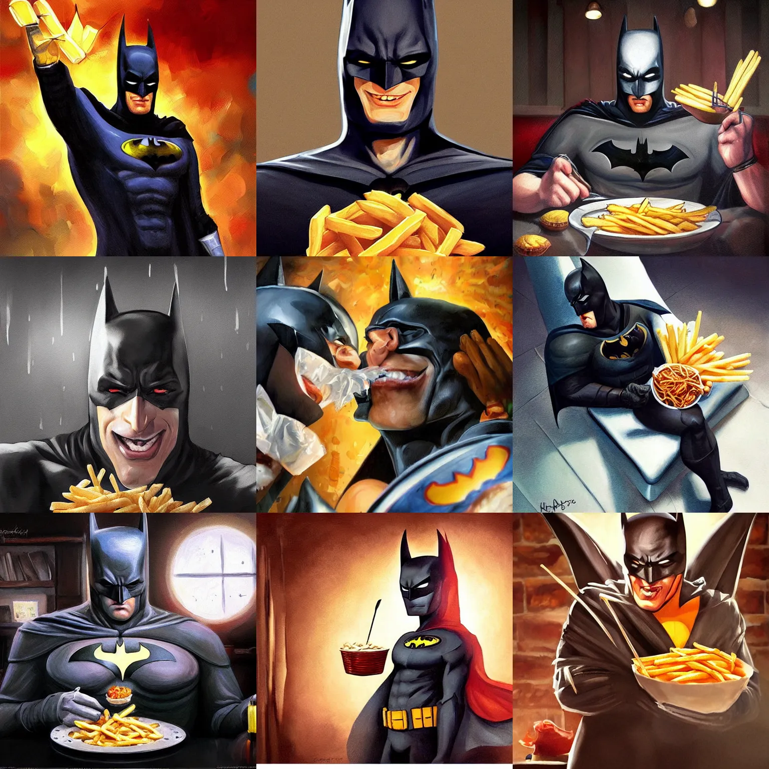 Prompt: beautiful painting of happy and relaxed batman eating french fries, highly detailed, digital painting, dramatic lighting, artstation, concept art, sharp focus