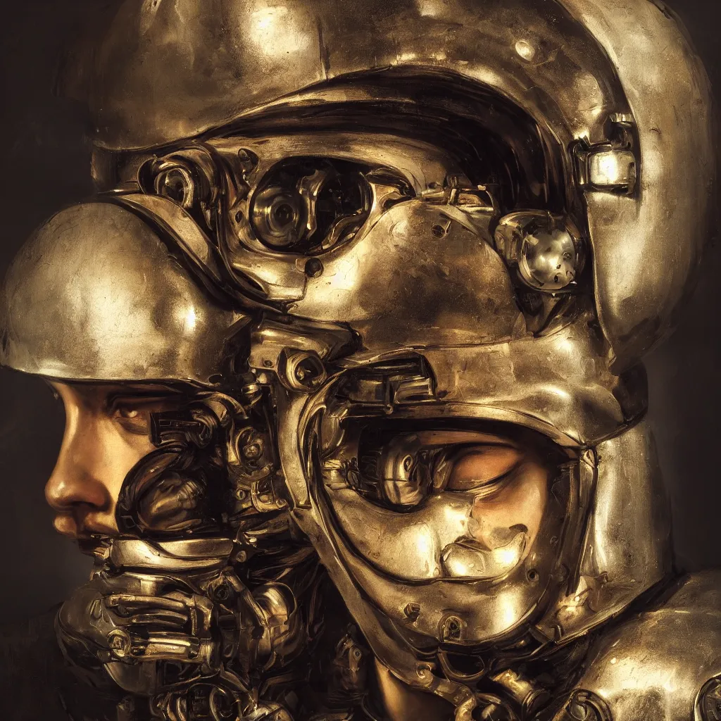 Prompt: baroque portrait of the girl wearing a cybernetic helmet. futuristic cyberpunk. close up. rembrandt lighting. photorealistic. high details.