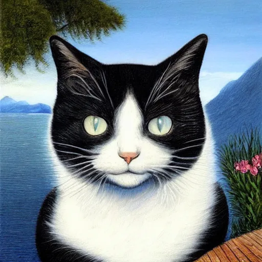 Image similar to a painting of a black and white cat in a scenic environment by johfra bosschart, hyperdetailed, beautiful, trending on artstation