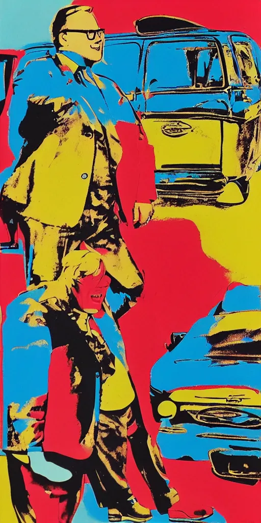 Prompt: andy warhol pop art painting of matt foley living in a van down by the river