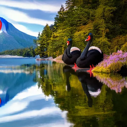 Image similar to photo of two black swans touching heads in a beautiful reflective mountain lake, a colorful hot air balloon is flying above reflecting off water, hot air balloon, intricate, 8k highly professionally detailed, centered, HDR, CGsociety