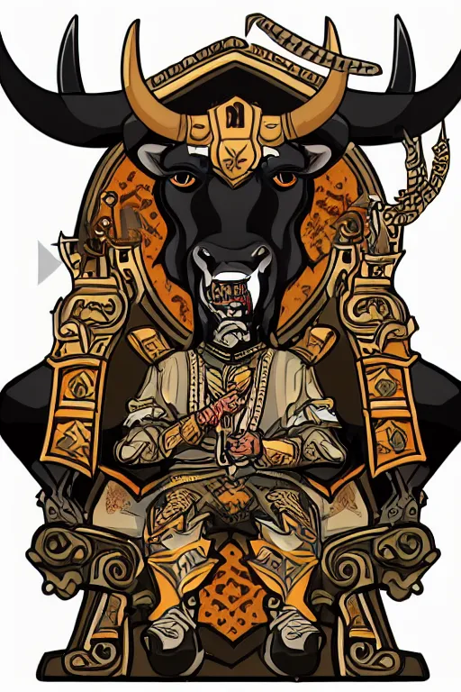 Image similar to A portrait of a bull as evil warlord general on skull throne, sticker, Anthropomorphized, portrait, highly detailed, colorful, illustration, smooth and clean vector curves, no jagged lines, vector art, smooth